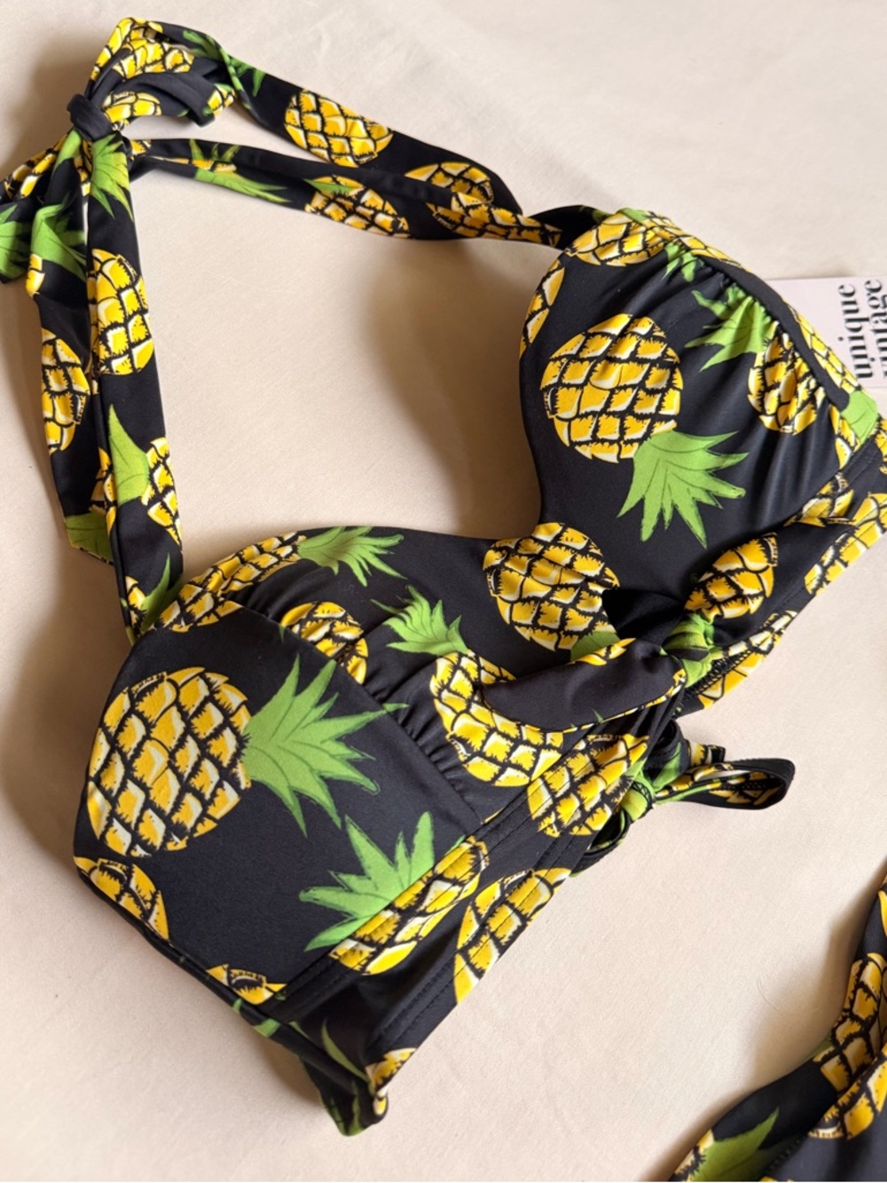 NWT Unique Vintage Monroe Pineapple Print Black Halter Bikini Top Size M